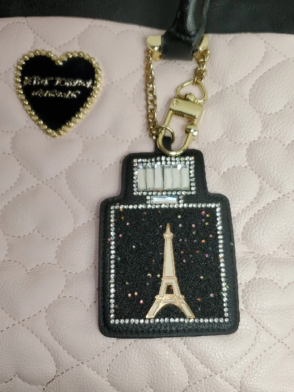 Betsey Johnson Heart Quilted Pink Black Grey Satchel Eiffel Tower Bag Charm